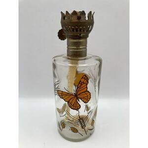 Vintage Miniature 6" Glass Butterfly Amber Oil Lamp/ Light New Wick